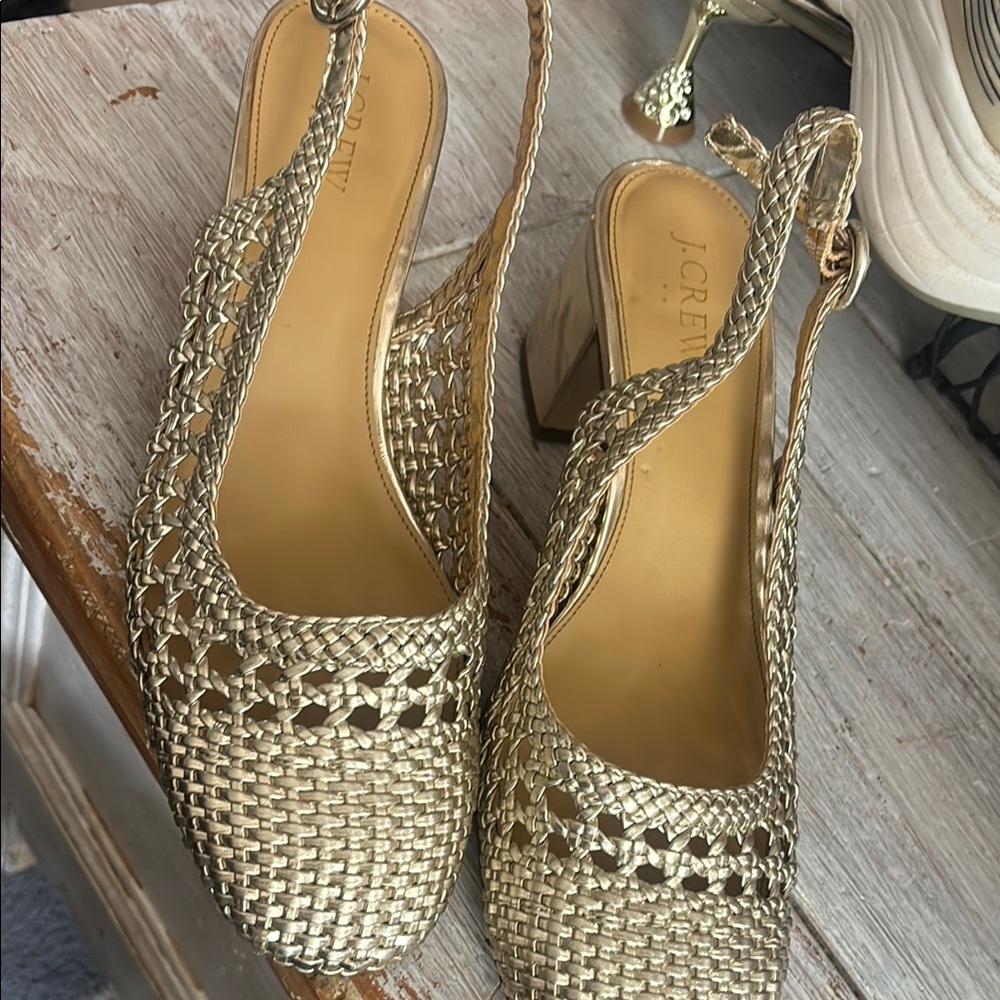 J. Crew Gold Heels with Intricate Woven Design